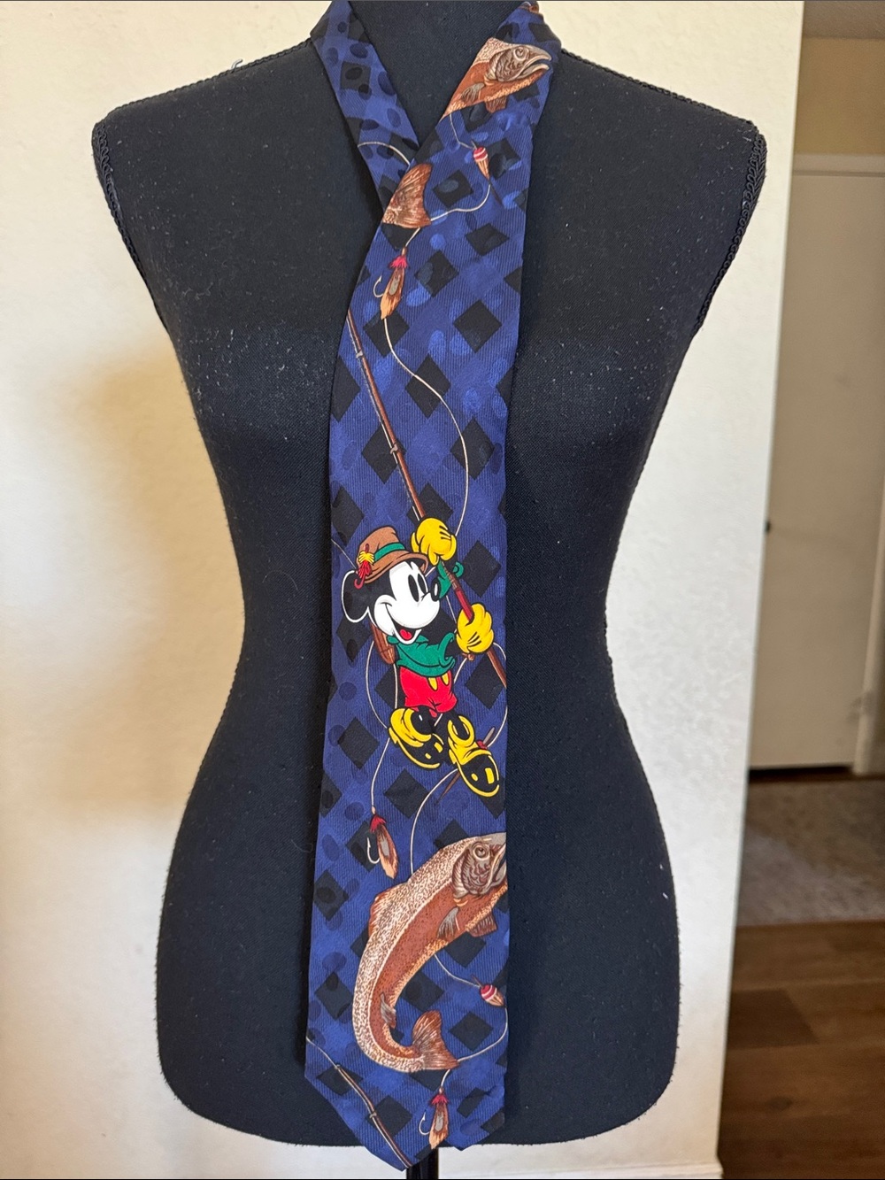 The Disney Store 100% silk tie Mickey fishing